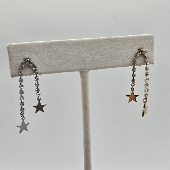 Shooting Stars Cz Crystal Dangle Earrings Fairy Silver AND Gold Tone Mixed Metal - Picture 4 of 4